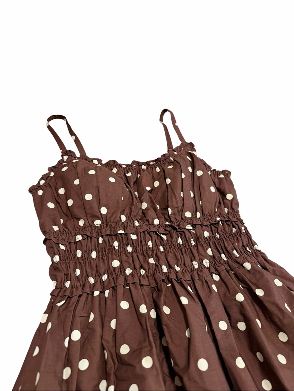 NWT Abercrombie & Fitch Brown Polka Dot Bra-Free Smocked Waist Mini Dress | M - Picture 4 of 8